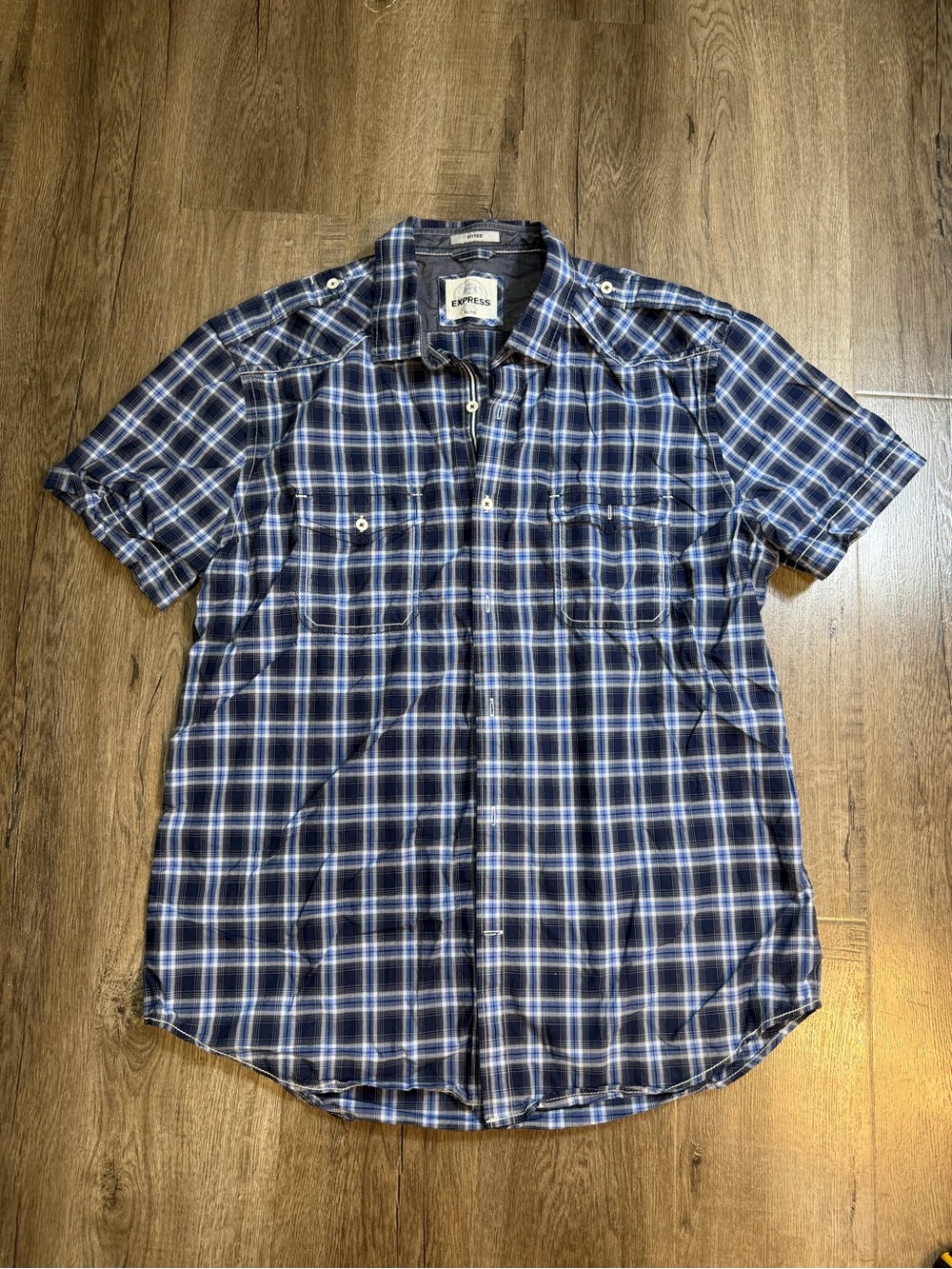 Express Men’s Short Sleeve Navy and White Plaid Button-Down Shirt